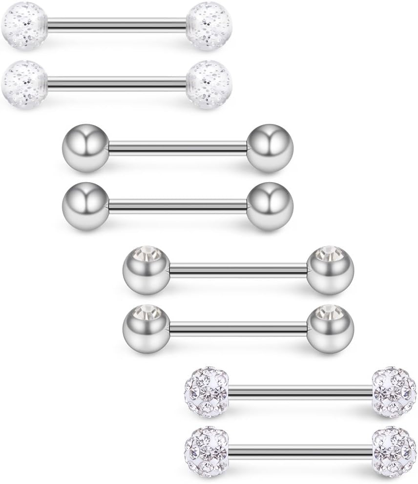 Ruifan 14G 9/16Inch Crystal Ball Nipple Tongue Shield Ring Barbell Body Piercing Jewelry Retainer 8-14PCS