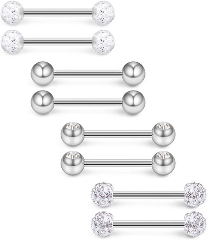 Ruifan 14G 9/16Inch Crystal Ball Nipple Tongue Shield Ring Barbell Body Piercing Jewelry Retainer 8-14PCS