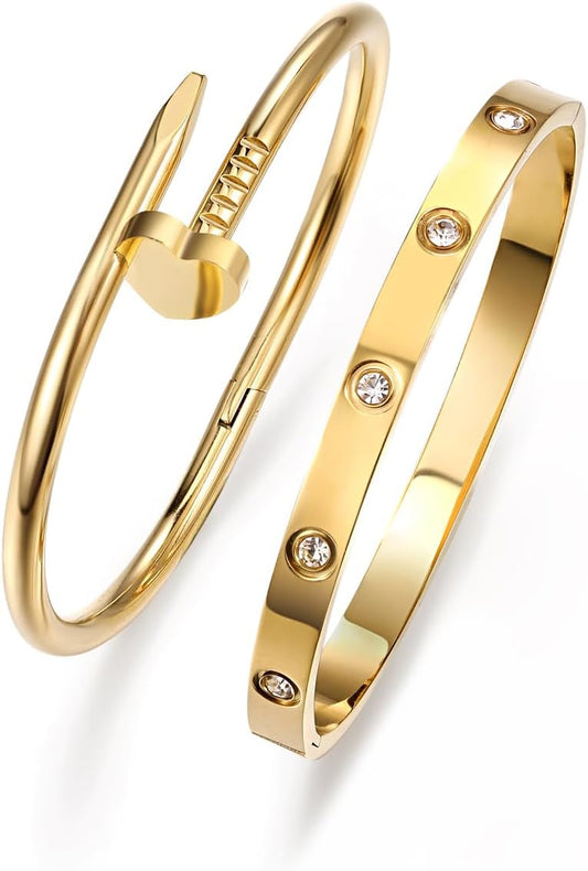 18K Gold Plated Love Nail Bangle Bracelet Set Stackable Dupes Stainless Steel Bangle Set for Love Trendy Jewelry