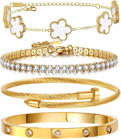 Gold Bracelets for Women, 18K Gold Plated Women Tennis Bracelets Clover Nail Love Bangle Bracelet Set, Gold Bracelet Stackable Set Trendy Jewelry, Gifts for Women'S Day and Mother'S Day
