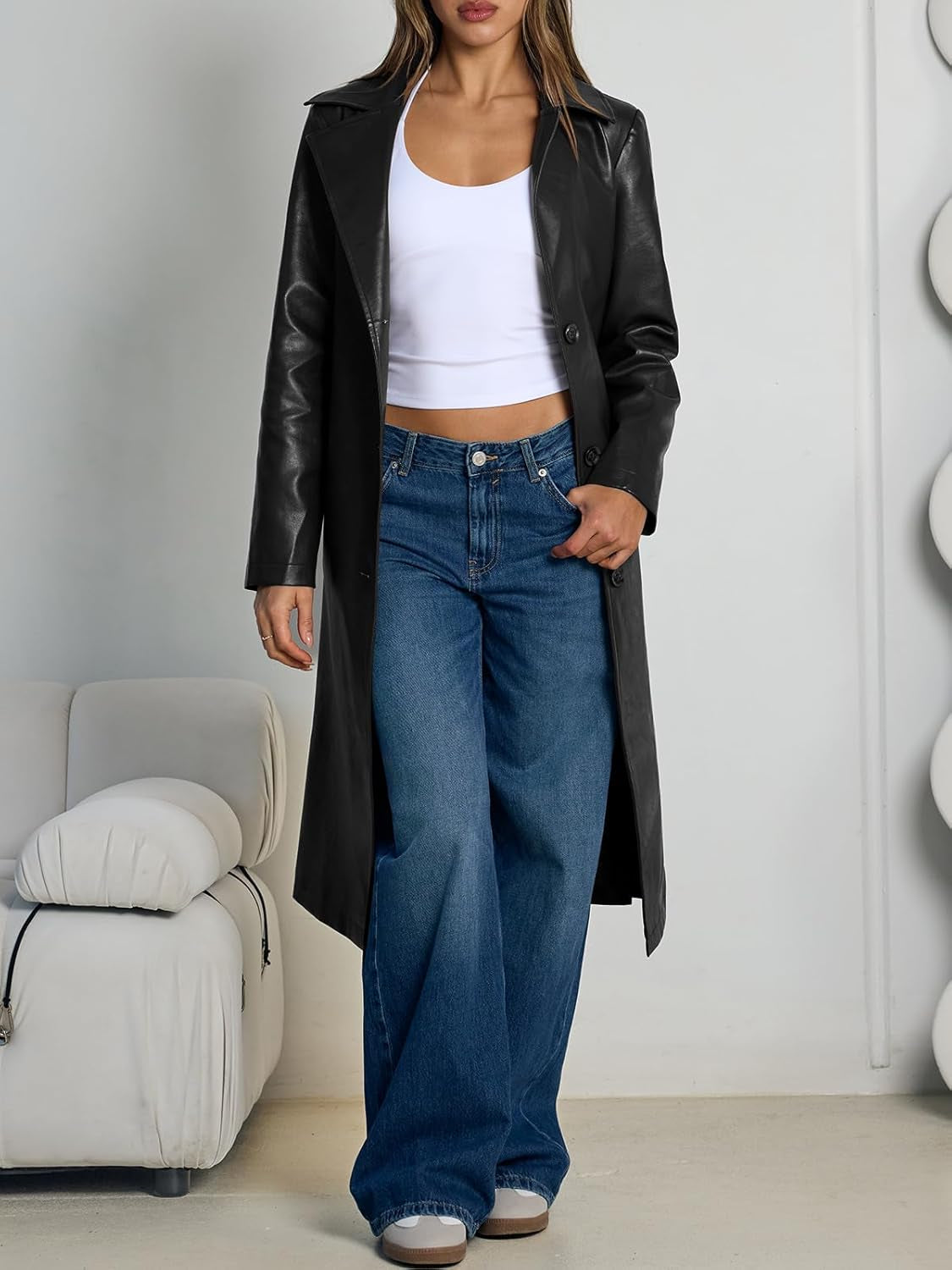 Long leather blazer with lapel detail and adjustable belt closure