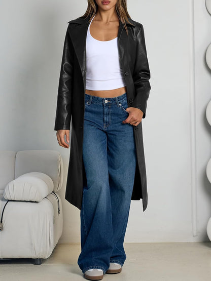 Long leather blazer with lapel detail and adjustable belt closure