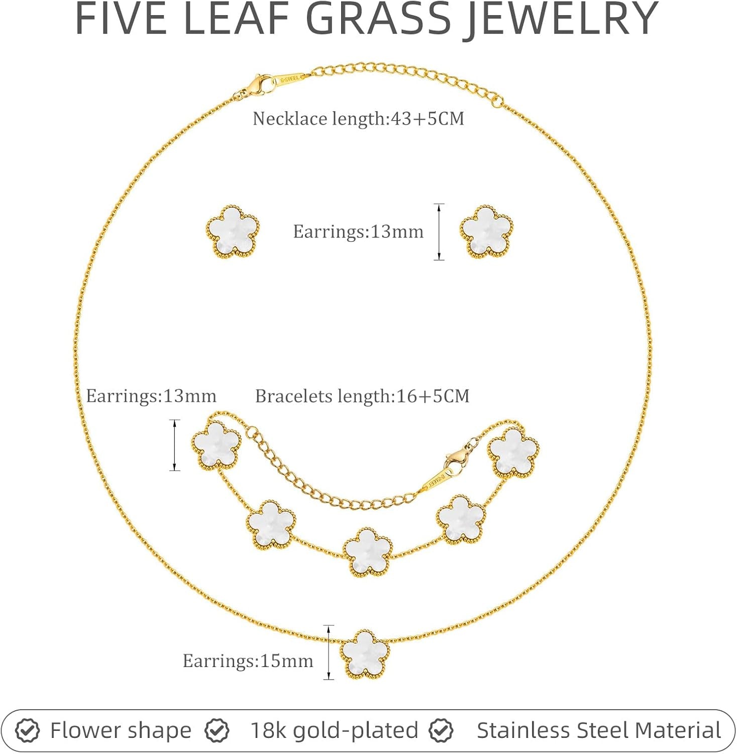 Gold Necklaces Bracelets Earring Set - 18K Gold Plated Flower Bracelet Chain,Stainless Steel Non Tarnish Floral Pendant Stud Jewelry Sets,Christmas Birthday Lucky Gift for Mom Wife Daughter Girlfriend