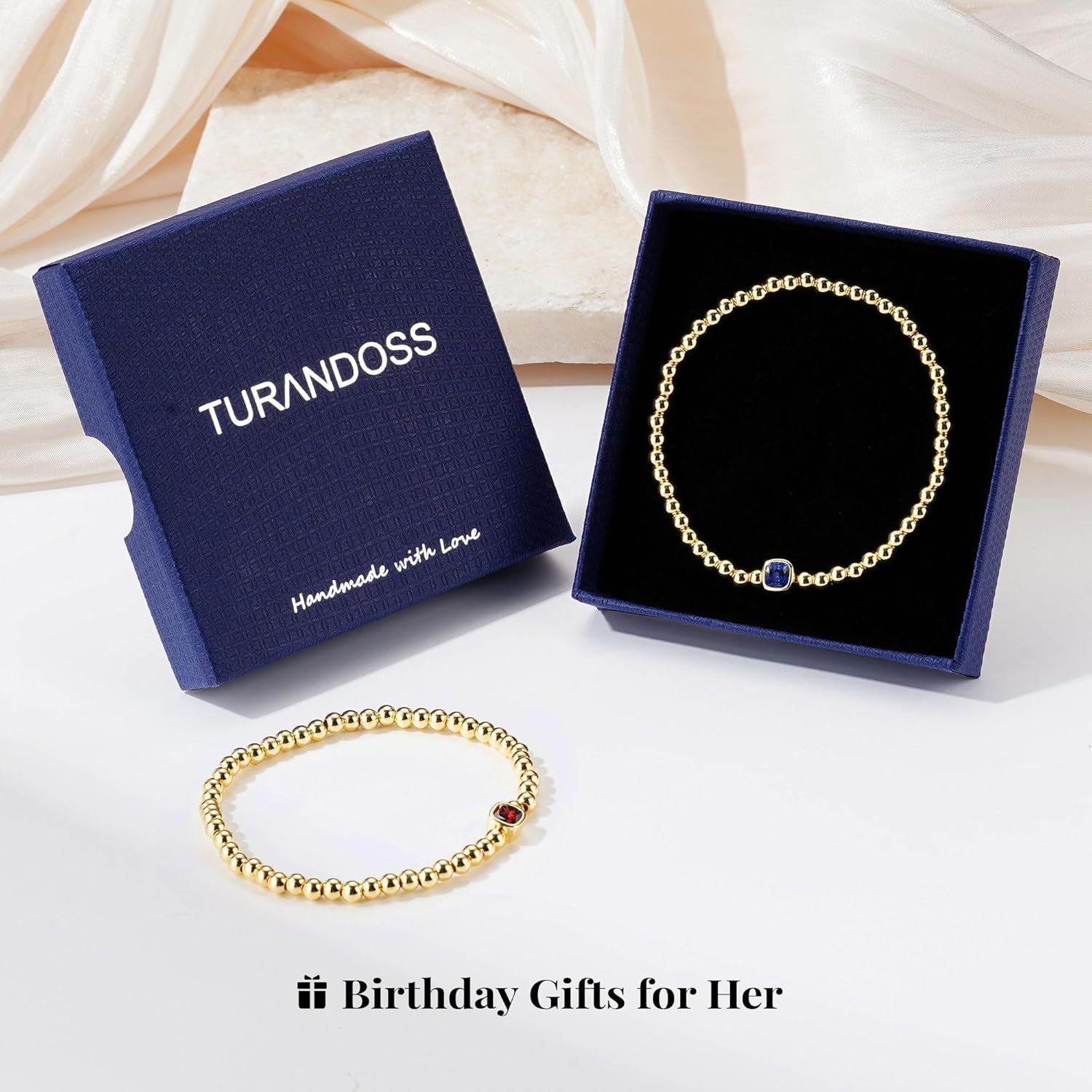 Turandoss Birthstone Bracelets for Women - Dainty Elastic 14K Gold Plated Beaded Square Birthstone Bracelets Trendy Waterproof Friendship Birthday Jewelry Gifts for Women Girls