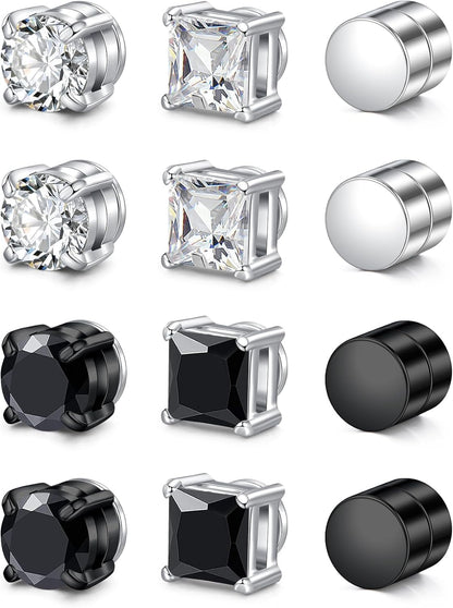 Men'S Magnetic Stud Earrings - Non Piercing Fake Clip on Earring Stainless Steel Hypoallergenic Magnet Ear Rings for Men, Fashion Diamond Design, Silver/Black Styles