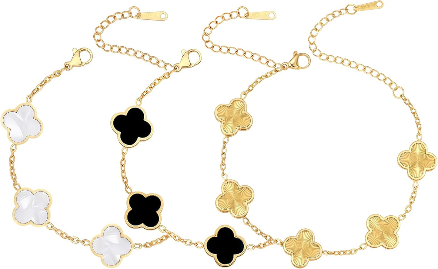 (Sturdy Version) 18K Gold Plated Bracelets for Women Men (Double Sided) Four Leaf Clover Cute Trendy Lucky Braclet (Adjustable) Fit Wrist within 8 Inch, Gold White Black Green Blue Red Pink