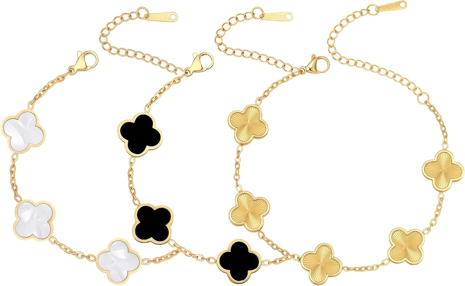 (Sturdy Version) 18K Gold Plated Bracelets for Women Men (Double Sided) Four Leaf Clover Cute Trendy Lucky Braclet (Adjustable) Fit Wrist within 8 Inch, Gold White Black Green Blue Red Pink
