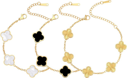 (Sturdy Version) 18K Gold Plated Bracelets for Women Men (Double Sided) Four Leaf Clover Cute Trendy Lucky Braclet (Adjustable) Fit Wrist within 8 Inch, Gold White Black Green Blue Red Pink