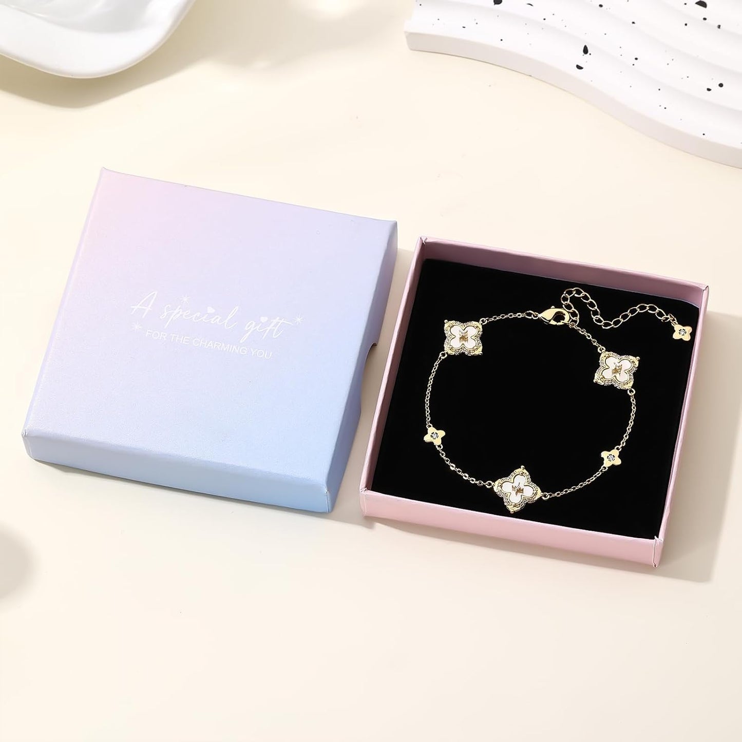 FEEL STYLE Clover Bracelet for Women - 14K Gold/Silver Plated Charm Bracelet with Mother of Pearl & Cubic Zirconia - Lucky Four Leaf Jewelry Gift Adjustable 6.5"+2" Extender