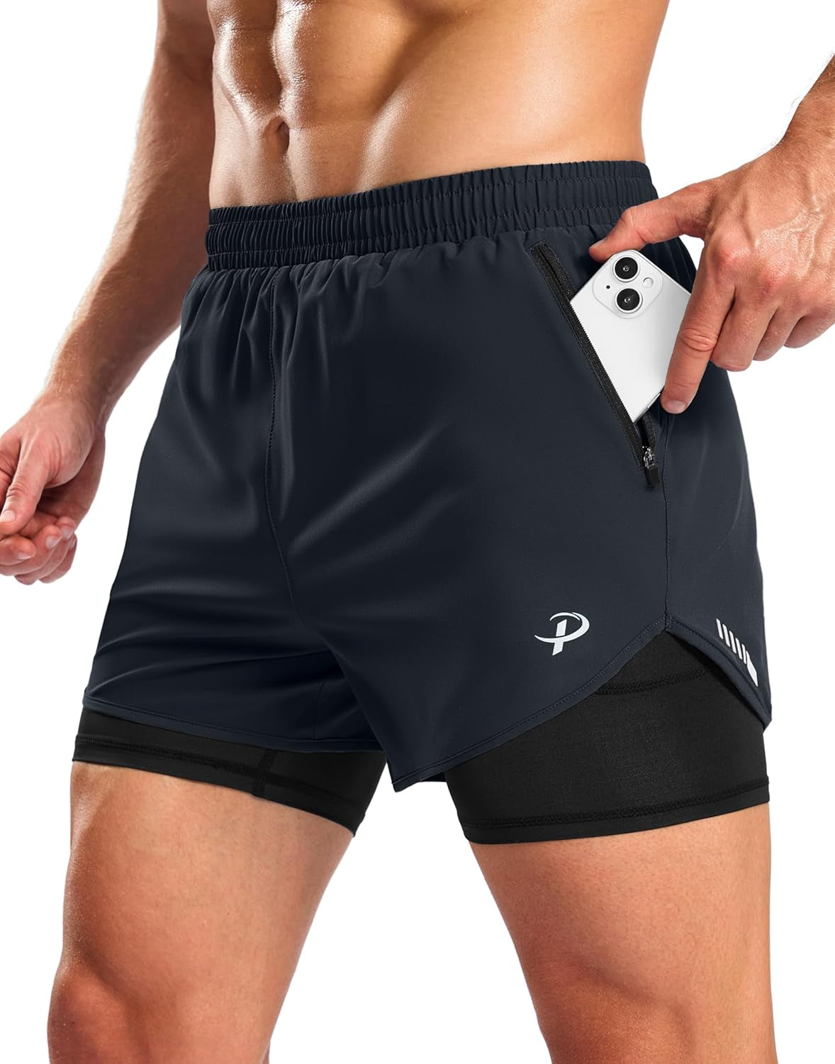 Pudolla Men'S 2 in 1 Workout Running Shorts 5" with Zipper Phone Pockets Quick Dry Gym Athletic Shorts with Compression Liner