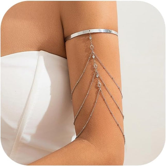 Simple Crystal Bead Tassel Upper Arm Chain Bracelet Multi-Layered Bikini Armlet Rhinestone Adjustable Open Arm Cuff Bangle Bracelets Summer Beach Body Jewelry for Women