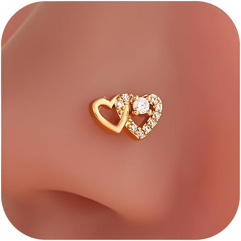 14K Gold Plated Heart Nose Stud for Women Silver Plated Heart Nose Ring with Faux Diamond CZ Hearts Noses Rings Piercing Jewelry