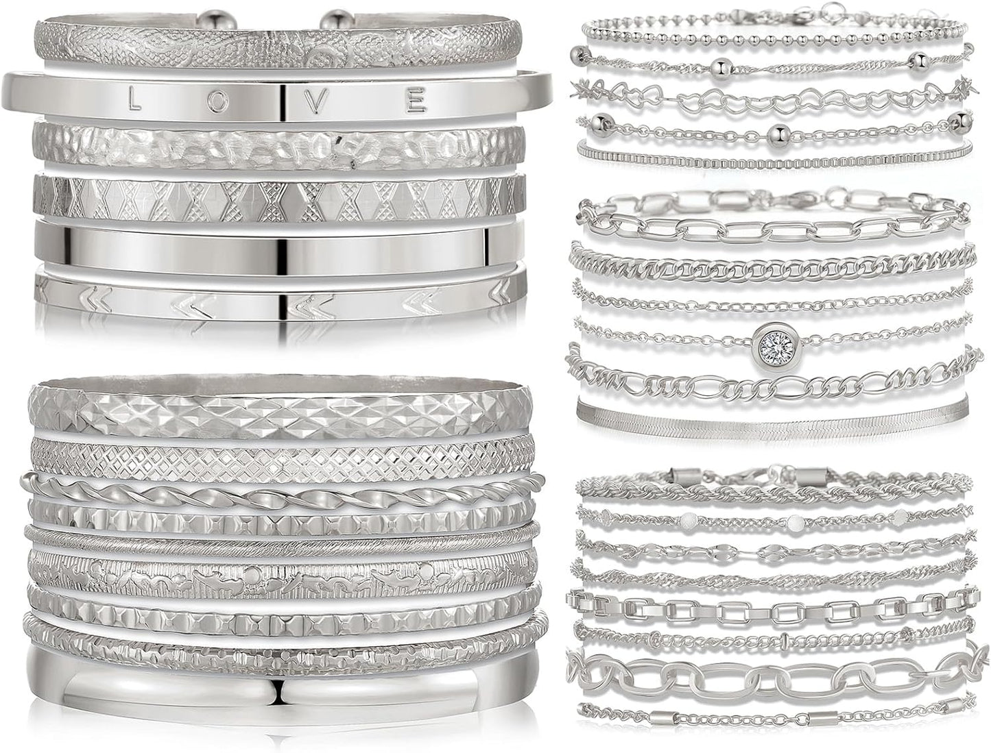 IFKM 5 PACK (35 PCS) Silver Chain Bangles Bracelets Set for Women, Silver Multiple Layered Stackable Open Cuff Bangle Anklet Bracelet Trendy Elegance Link Beads Italian Boho Cuban Jewelry for Women Gift