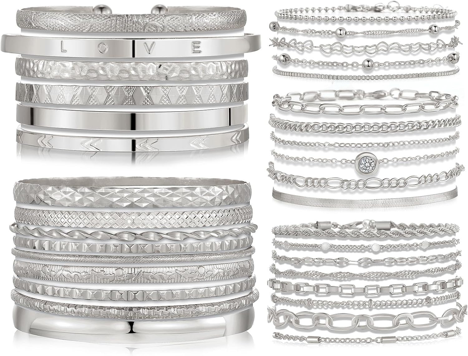 IFKM 5 PACK (35 PCS) Silver Chain Bangles Bracelets Set for Women, Silver Multiple Layered Stackable Open Cuff Bangle Anklet Bracelet Trendy Elegance Link Beads Italian Boho Cuban Jewelry for Women Gift
