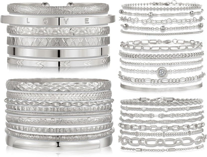 IFKM 5 PACK (35 PCS) Silver Chain Bangles Bracelets Set for Women, Silver Multiple Layered Stackable Open Cuff Bangle Anklet Bracelet Trendy Elegance Link Beads Italian Boho Cuban Jewelry for Women Gift