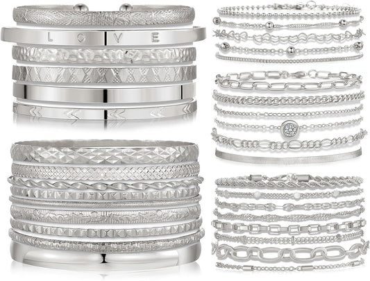 IFKM 5 PACK (35 PCS) Silver Chain Bangles Bracelets Set for Women, Silver Multiple Layered Stackable Open Cuff Bangle Anklet Bracelet Trendy Elegance Link Beads Italian Boho Cuban Jewelry for Women Gift