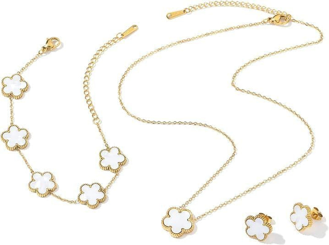 Ladies Clover Lucky Necklace Earrings Bracelet Set 18K Gold-Plated Stainless Steel Flower Reversible Jewelry Set Fashion Women Jewelry