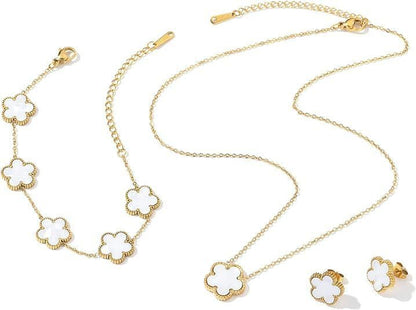 Ladies Clover Lucky Necklace Earrings Bracelet Set 18K Gold-Plated Stainless Steel Flower Reversible Jewelry Set Fashion Women Jewelry