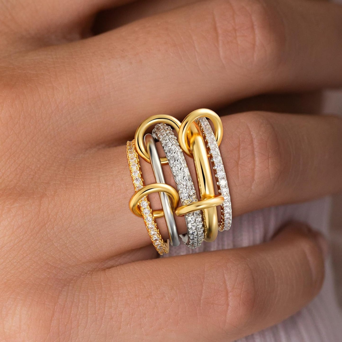 14K gold plated cubic zirconia stackable ring set close-up