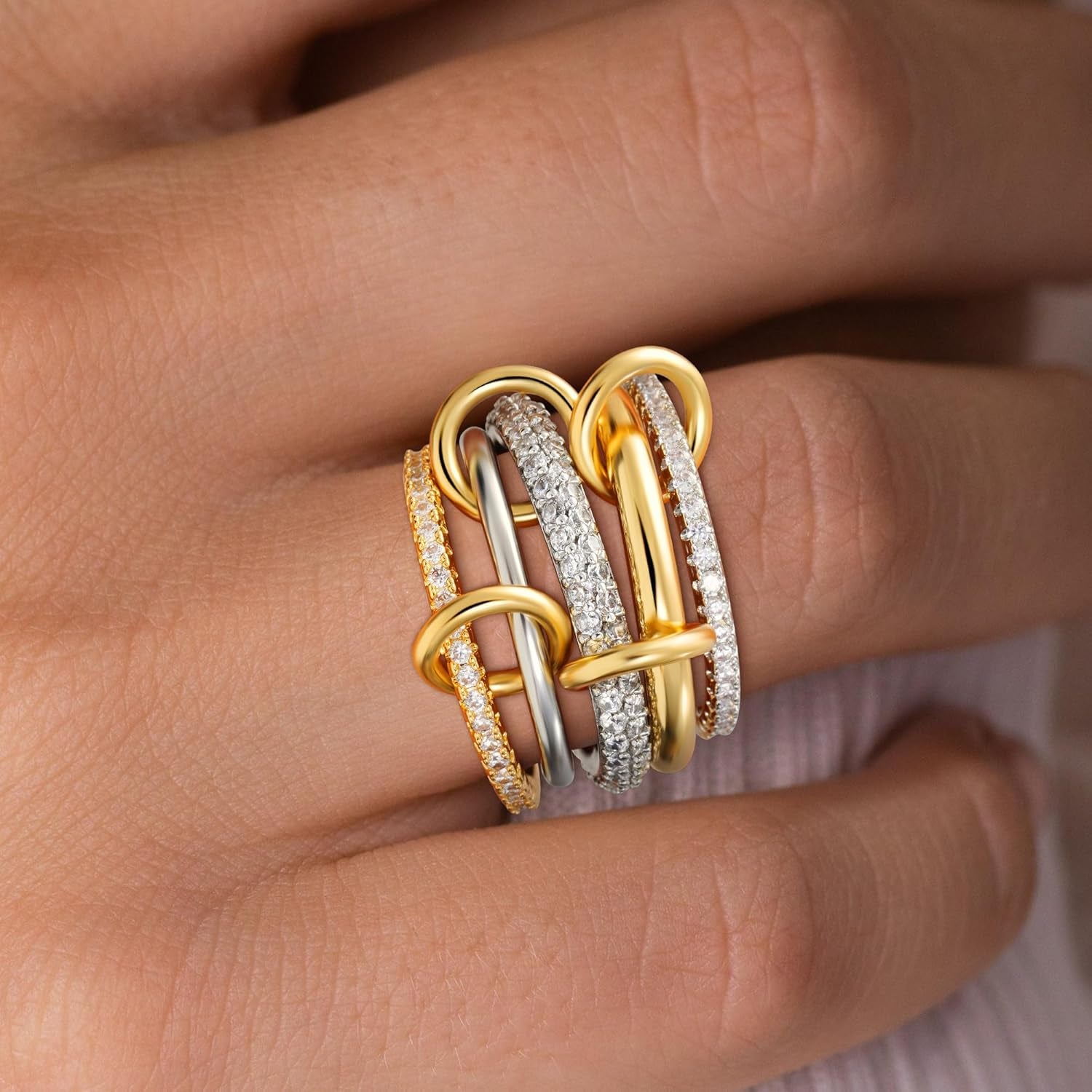 14K gold plated cubic zirconia stackable ring set close-up