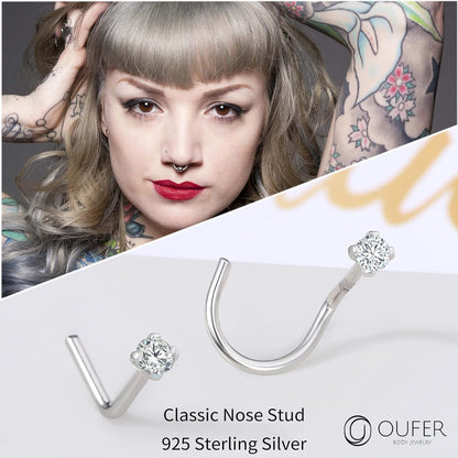 OUFER 925 Sterling Silver Nose Studs, Bone L Screw Shaped Nose Rings, 20G Nostril Solid 2Mm round CZ Nose Piercing Jewelry for Women Men-Screw Shaped
