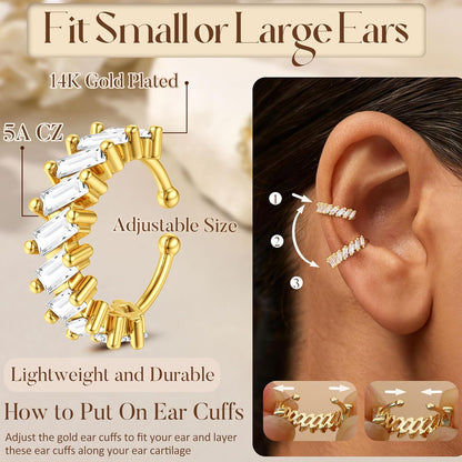 Florideco 4Pcs Ear Cuffs Non-Piercing for Women Dainty 14K Gold Plated Clip on Cartilage Earrings Hypoallergenic Huggie Hoop Cuffs Fake Earings for Non Pierced Ears