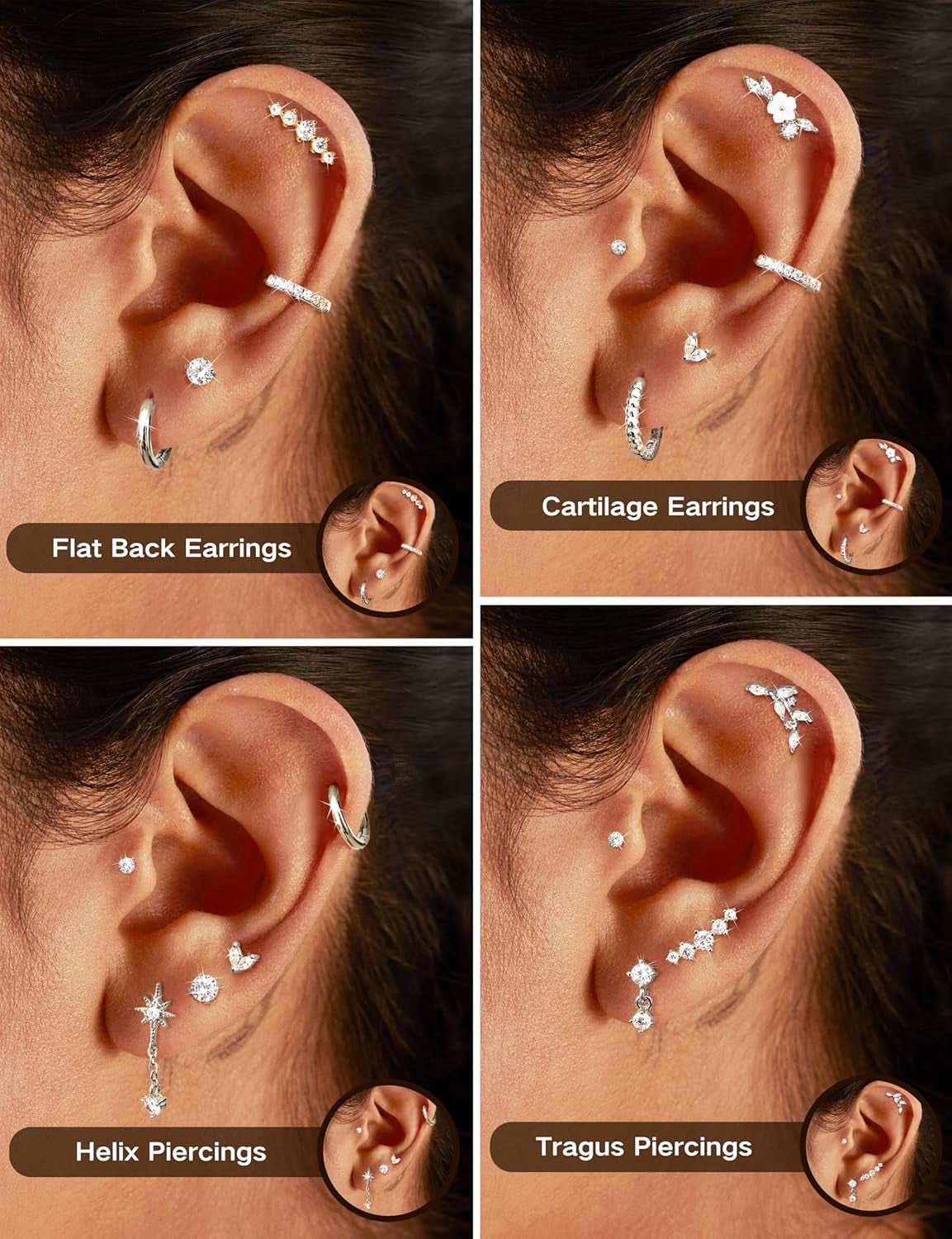 LOLIAS 16 Gauge Cartilage Earrings for Women Flat Back-Hypoallergenic Surgical Stainless Steel Stud Hoop Cartilage Earring Set Daith Conch Tragus Helix Piercing Jewelry Single PC