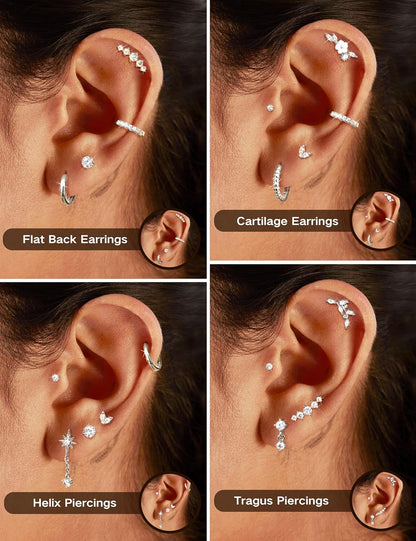 LOLIAS 16 Gauge Cartilage Earrings for Women Flat Back-Hypoallergenic Surgical Stainless Steel Stud Hoop Cartilage Earring Set Daith Conch Tragus Helix Piercing Jewelry Single PC