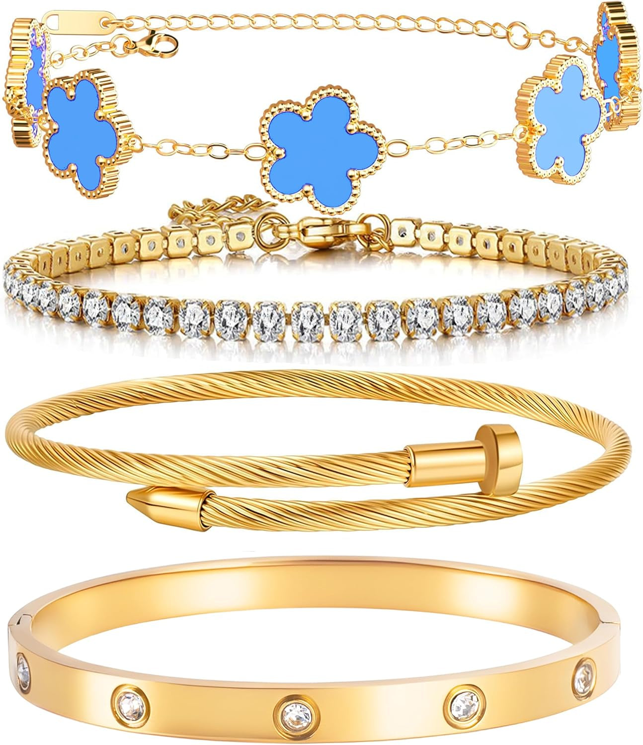 Gold plated stackable bracelet collection in gift presentation