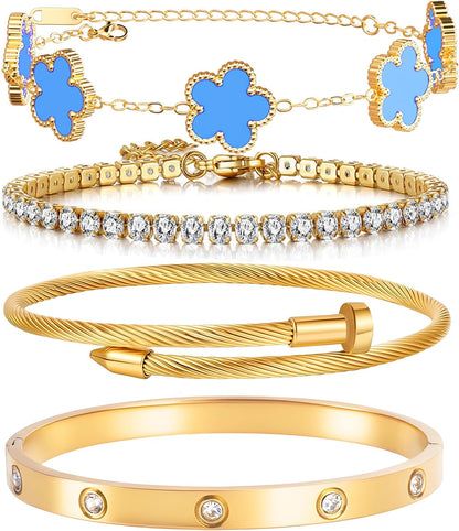 Gold plated stackable bracelet collection in gift presentation