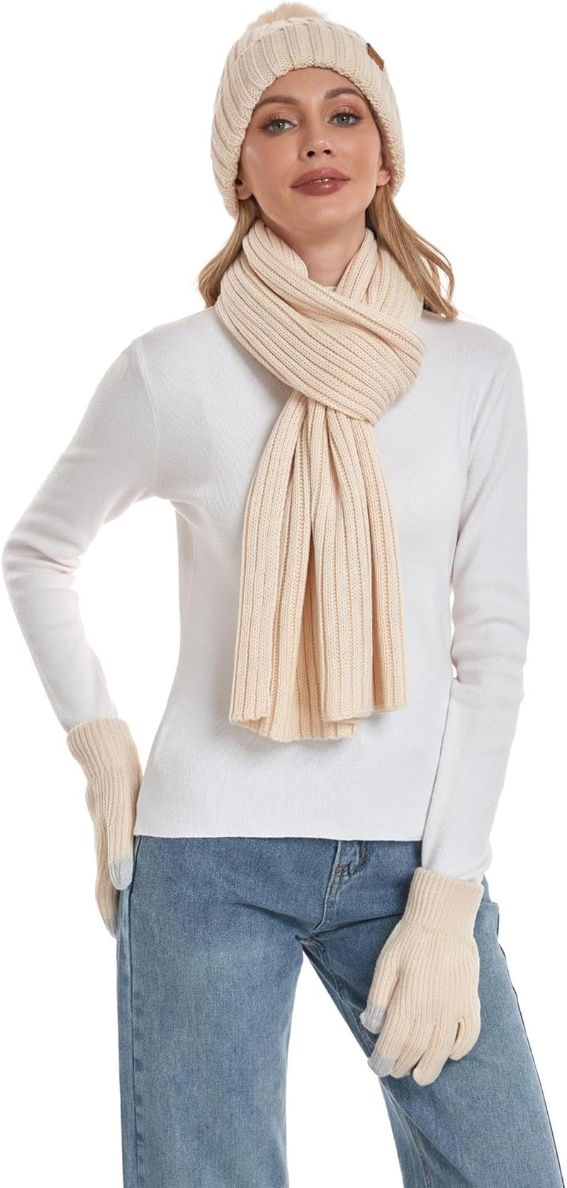 Coolprince Womens Long Scarf Gloves and Hat Set Cold Weather Hat Scarf Glove Set for Women Winter Beanie Hats with Pom Pom