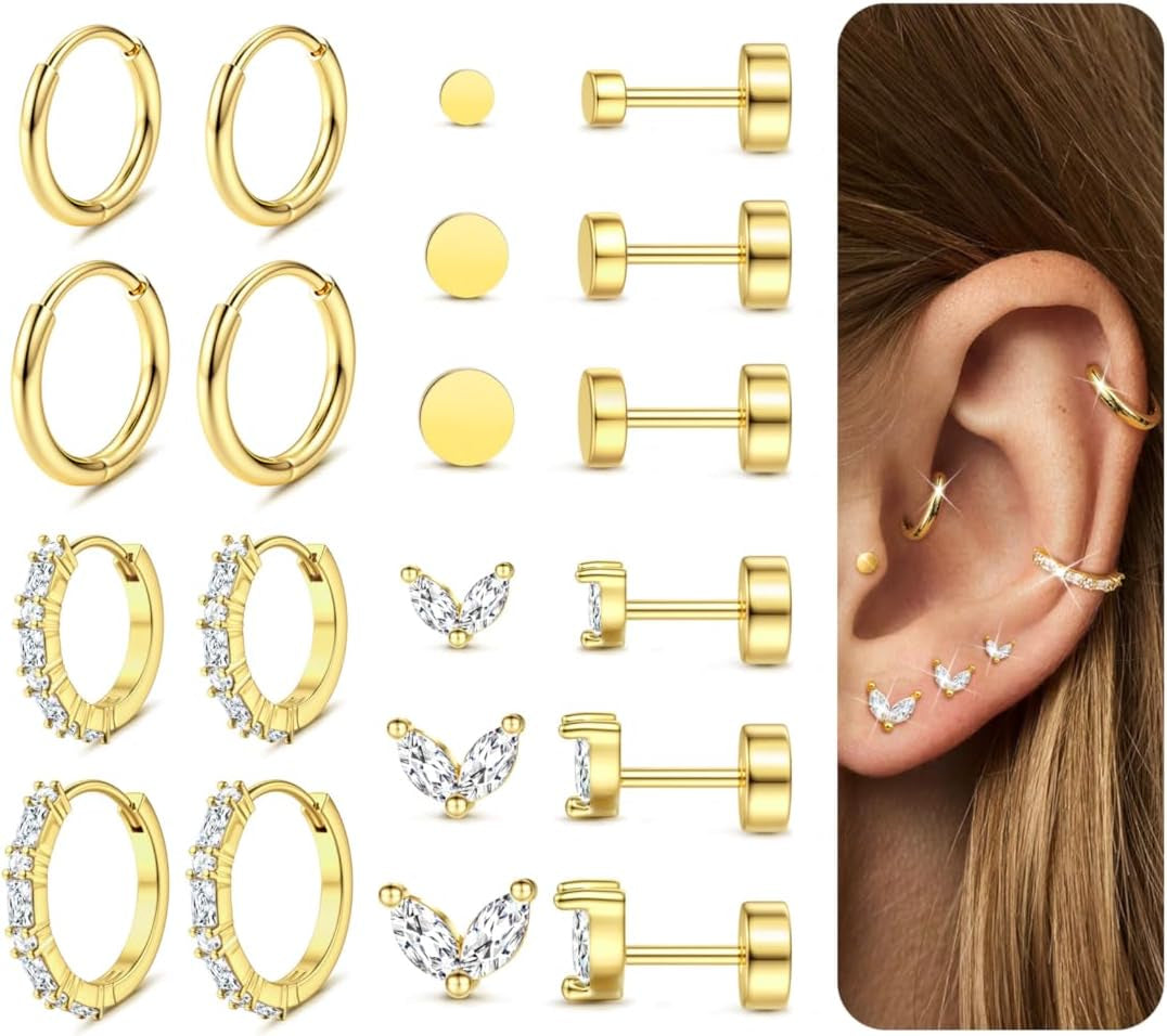 Jerywe Surgical Steel Flat Back Earrings Hypoallergenic 14K Gold Plated Cartilage Earrings for Women Trendy Small Hoop Stud Earring Stacks Flatback Stud Earring Set Helix Conch Tragus Piercing Jewelry