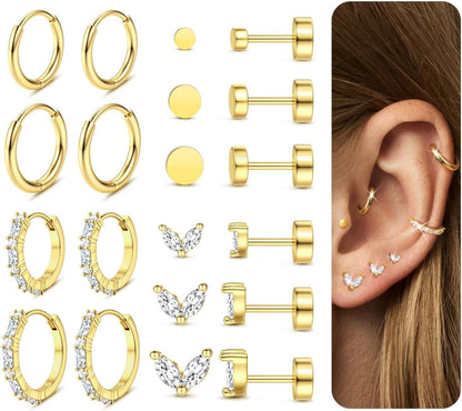 Jerywe Surgical Steel Flat Back Earrings Hypoallergenic 14K Gold Plated Cartilage Earrings for Women Trendy Small Hoop Stud Earring Stacks Flatback Stud Earring Set Helix Conch Tragus Piercing Jewelry