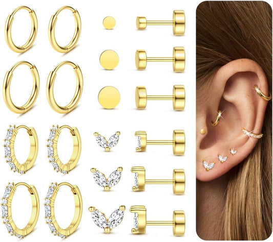 Jerywe Surgical Steel Flat Back Earrings Hypoallergenic 14K Gold Plated Cartilage Earrings for Women Trendy Small Hoop Stud Earring Stacks Flatback Stud Earring Set Helix Conch Tragus Piercing Jewelry