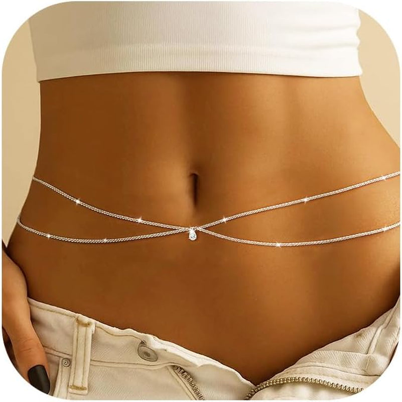 MOODEAR Christmas Gifts Waist Chain for Women - Waterproof 14K Gold Plated/Silver Layered Belly Beads Chains with Drop Cubic Zirconia Body Chain Jewelry Sexy Bikini Belt Gift for Summer Beach