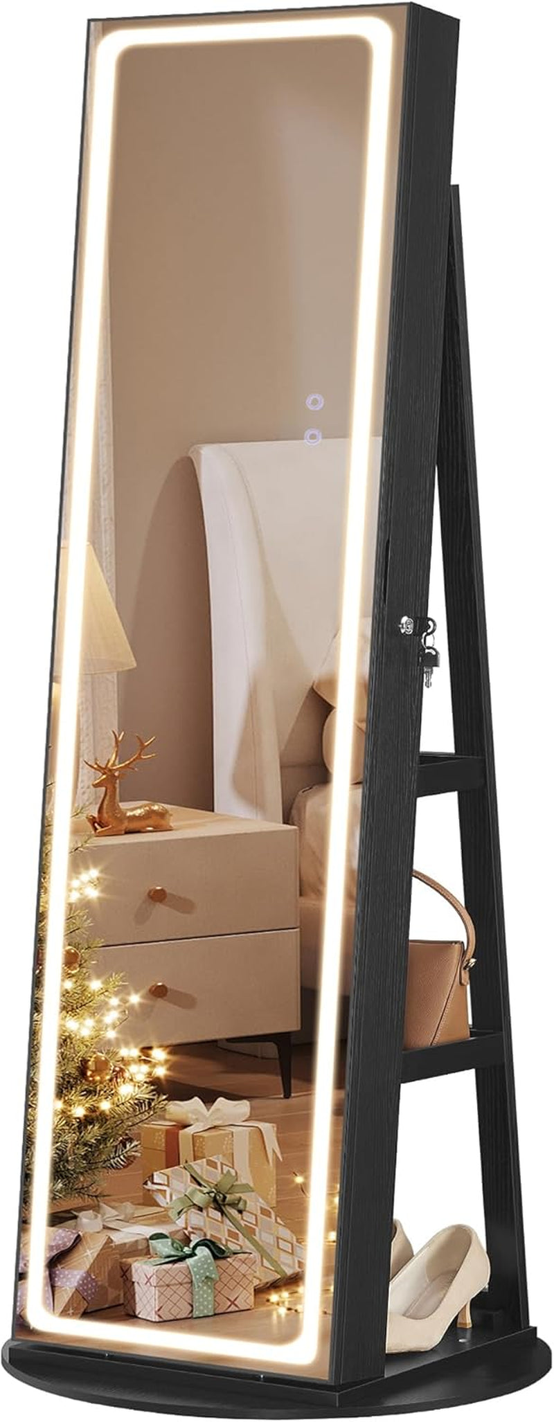 SONGMICS LED Jewelry Cabinet Standing, Lockable Armoire with Full-Length Mirror and Adjustable Lights, Space-Saving Organizer, Christmas Gifts for Women, Gift Idea, Rustic Brown UJJC008X01