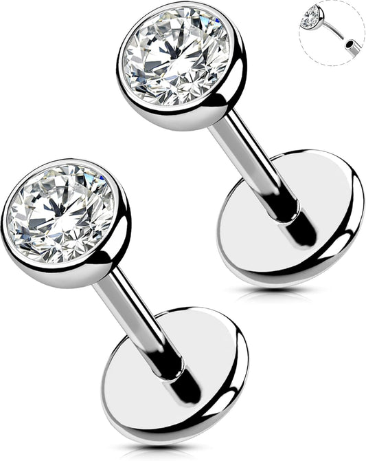 OUFER 2Pcs 20G/18G/16G G23 Titanium Threadless Nose Stud Earrings Flat Back Tiny CZ Small Nose Helix Cartilage Tragus Conch Labret Medusa Monroe Piercing Jewelry for Women Men