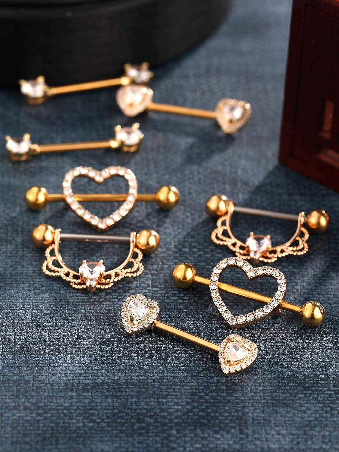 Tatuo 4 Pairs Stainless Steel Nipple Tongue Rings Piercing Body Jewelry Barbell CZ Heart Shape Rings for Women Girls(Gold Bar and White Zirconia)