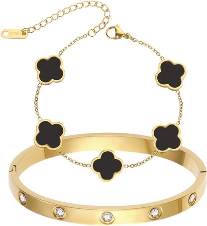 2Pcs 18K Gold Plated Clover Bracelet for Women Gold Love Bangle Four Leaf Clover Bracelet Set Gold Bracelets Stack Trendy Lucky Link Bracelets Jewelry Christmas Valentines Birthday Gifts for Women