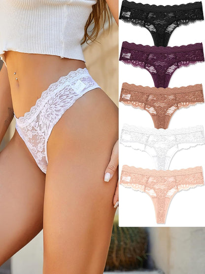 Multiple sexy lace thong colors and styles displayed together