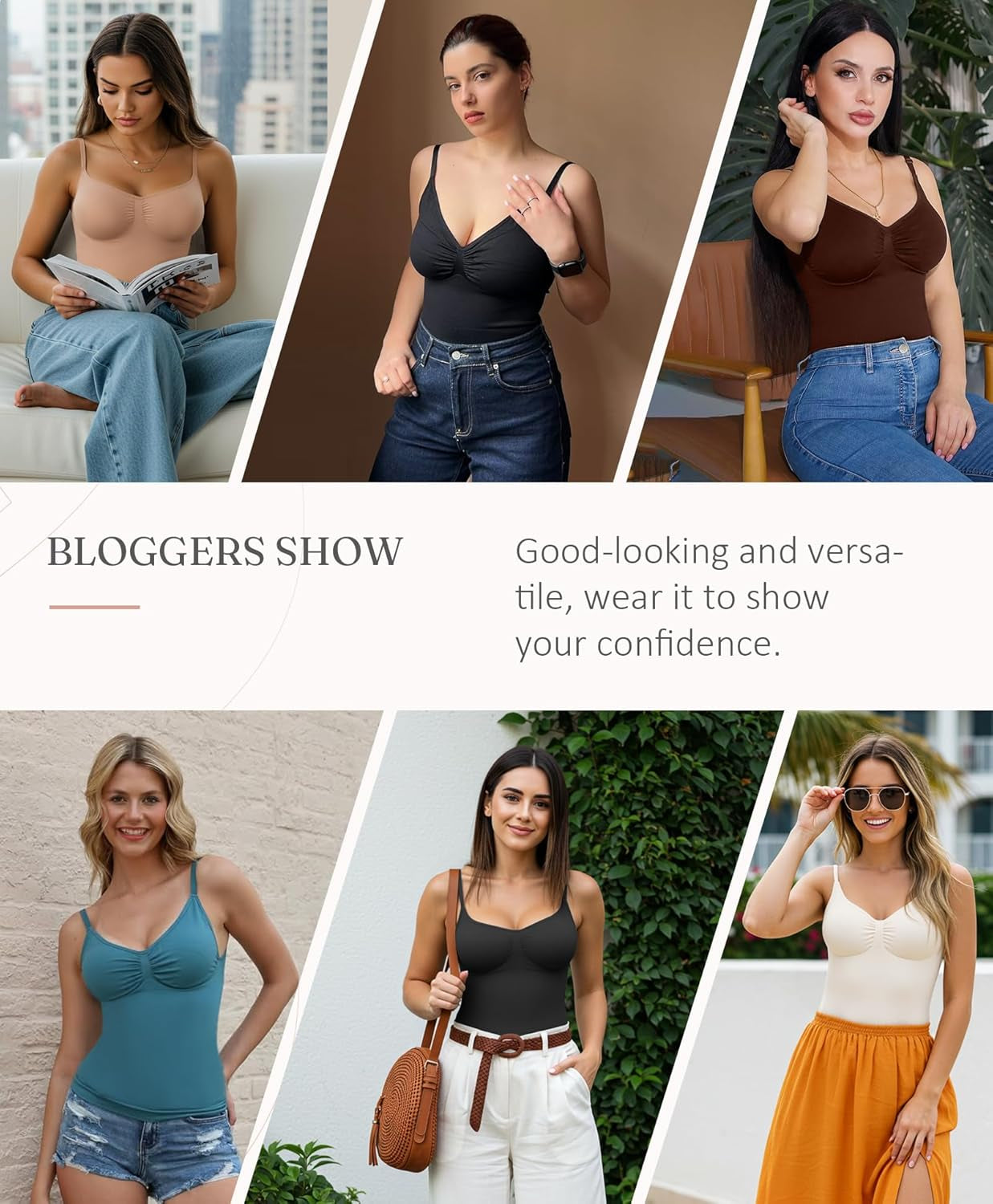 Feelingirl compression cami under various clothing styles and outfits