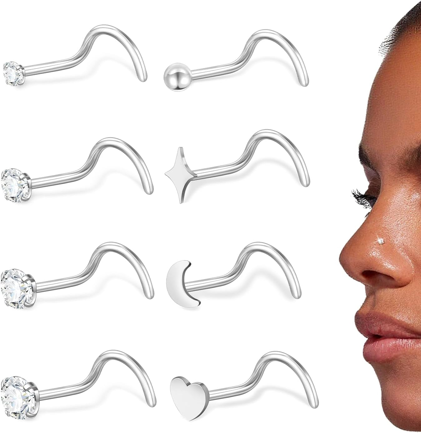 20G Nose Rings Stud for Women Surgical Steel Gold Silver Nose Ring L Shaped Corkscrew Nose Studs Hypoallergenic Small 1.5/2/2.5/3Mm CZ Cute Heart Star Moon Ball Nose Piercing Studs Jewelry Set 8Pcs