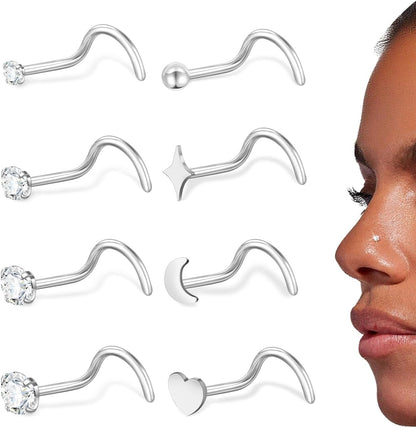 20G Nose Rings Stud for Women Surgical Steel Gold Silver Nose Ring L Shaped Corkscrew Nose Studs Hypoallergenic Small 1.5/2/2.5/3Mm CZ Cute Heart Star Moon Ball Nose Piercing Studs Jewelry Set 8Pcs