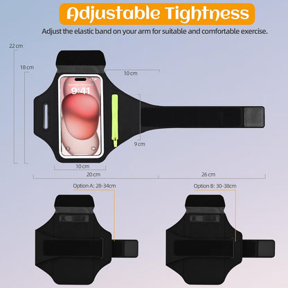 Running armband adjustable strap closure on woman's arm