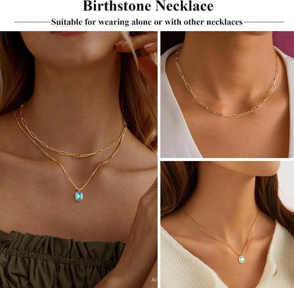 Christmas Gifts for Women Teen Girls - Birthstone Necklace for Women Girls Dainty Layered Gold Necklace for Women with 12 Month Rectangle Birthstone Pendant Paperclip Box Chain Choker Necklace