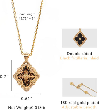 Gold Clover Necklace for Women, Double-Sided Pendant by 18K Gold-Plated Inlaid Natural Stone Pendant Necklace,Turquoise/Malachite/Black Onyx Stone/White Mother of Pearl ,Jewelry Gift for Women