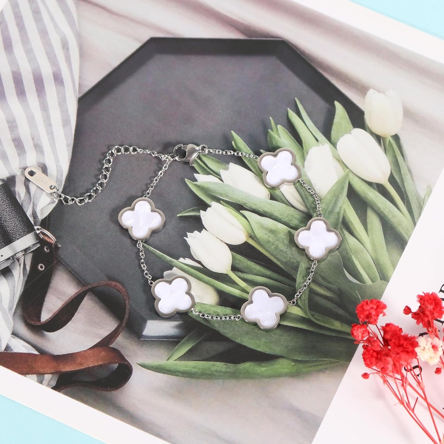 Delicacy Clover Bracelets Necklace Set:Clover Necklaces Clover Bracelet Women Link Bracelets Cute Gold Jewelry