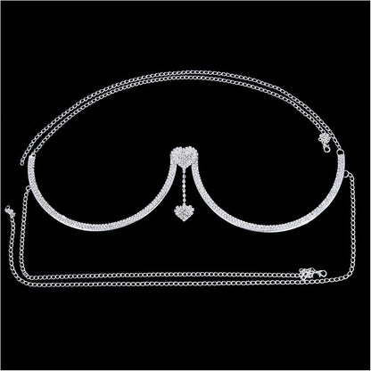 Rhinestone Chest Bracket Chain Trendy Crystal Heart Pendant Bra Chain Sexy Bikini Body Chain Jewelry for Women