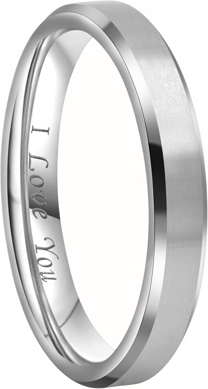 CROWNAL 4Mm 6Mm 8Mm Black/Silver Titanium Wedding Couple Bands Rings Men Women Matte Finish Beveled Edges Engraved I Love You Comfort Fit Size 4 to 16