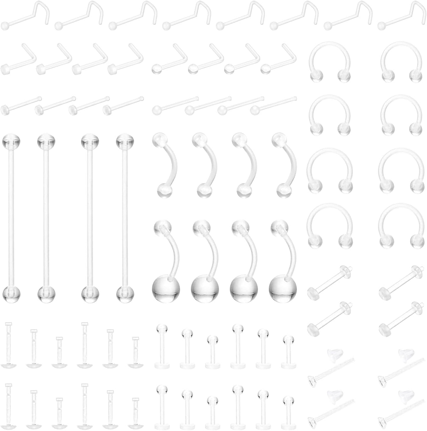 76-Pack Clear Piercing Retainer,Bioflex Body Jewelry for Eyebrow,Lip,Septum,Nose,Nipple,Navel,Tongue,Tragus|Discreet Industrial Piercing Retainer Kit for Surgery,Sports,Work|Unisex